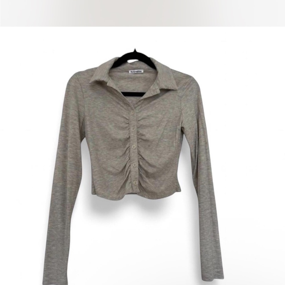 Reformation Gray Ruched Button-Down Shirt Size Medium